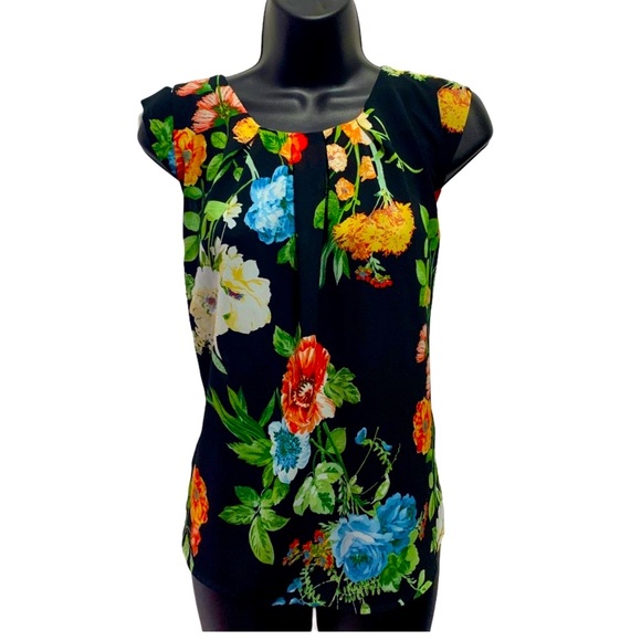 olm Tops - Black Floral Cap Sleeve Sheer Button-Back Blouse